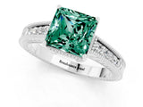 White gold Princess Cut Green Sapphire Engagement Ring with Milgrain Channel Set Band and Prong Setting_1