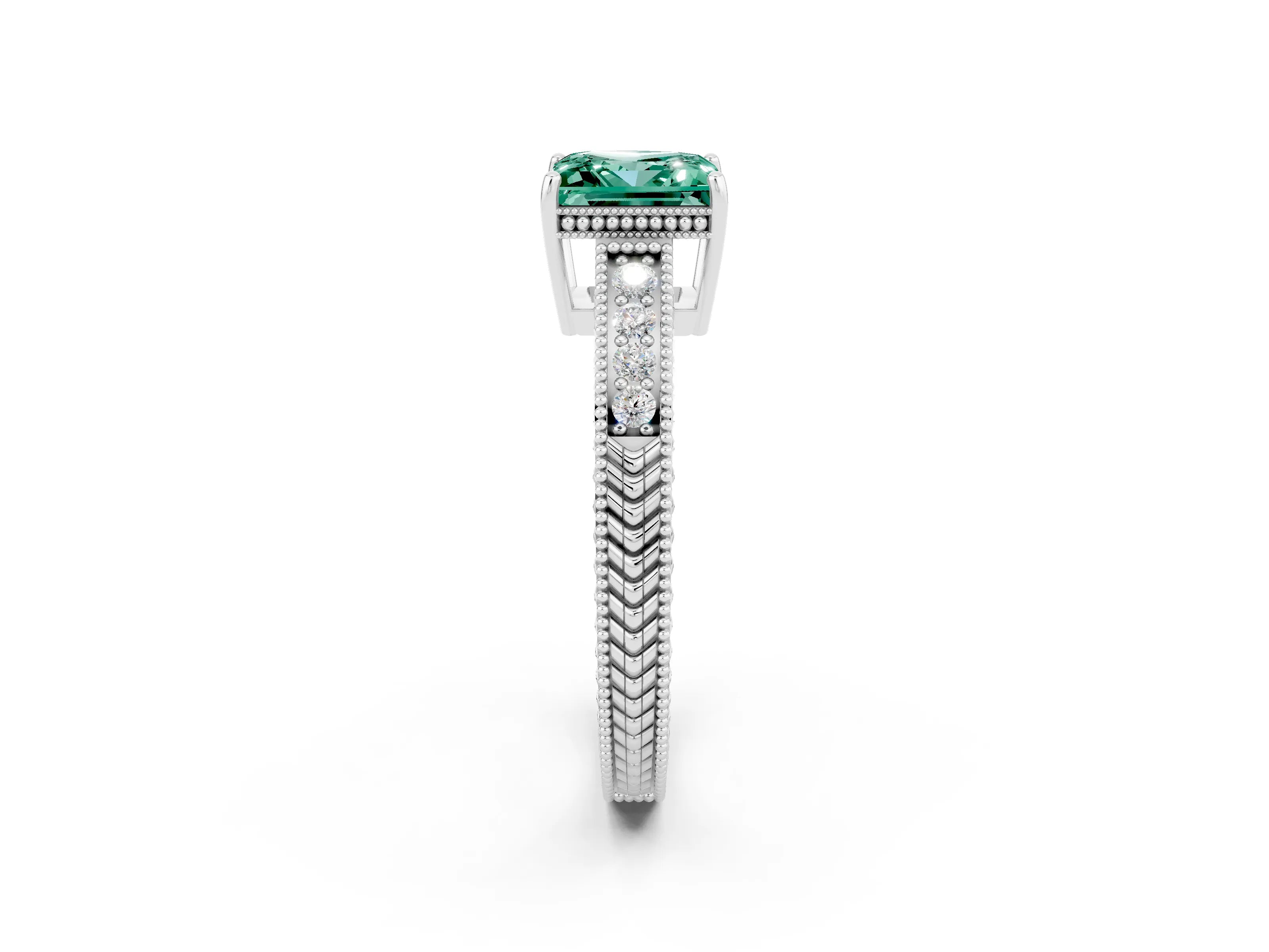 White gold Princess Cut Green Sapphire Engagement Ring with Milgrain Channel Set Band and Prong Setting_2
