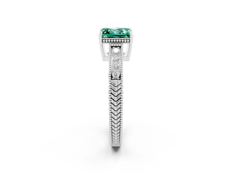 White gold Princess Cut Green Sapphire Engagement Ring with Milgrain Channel Set Band and Prong Setting_2