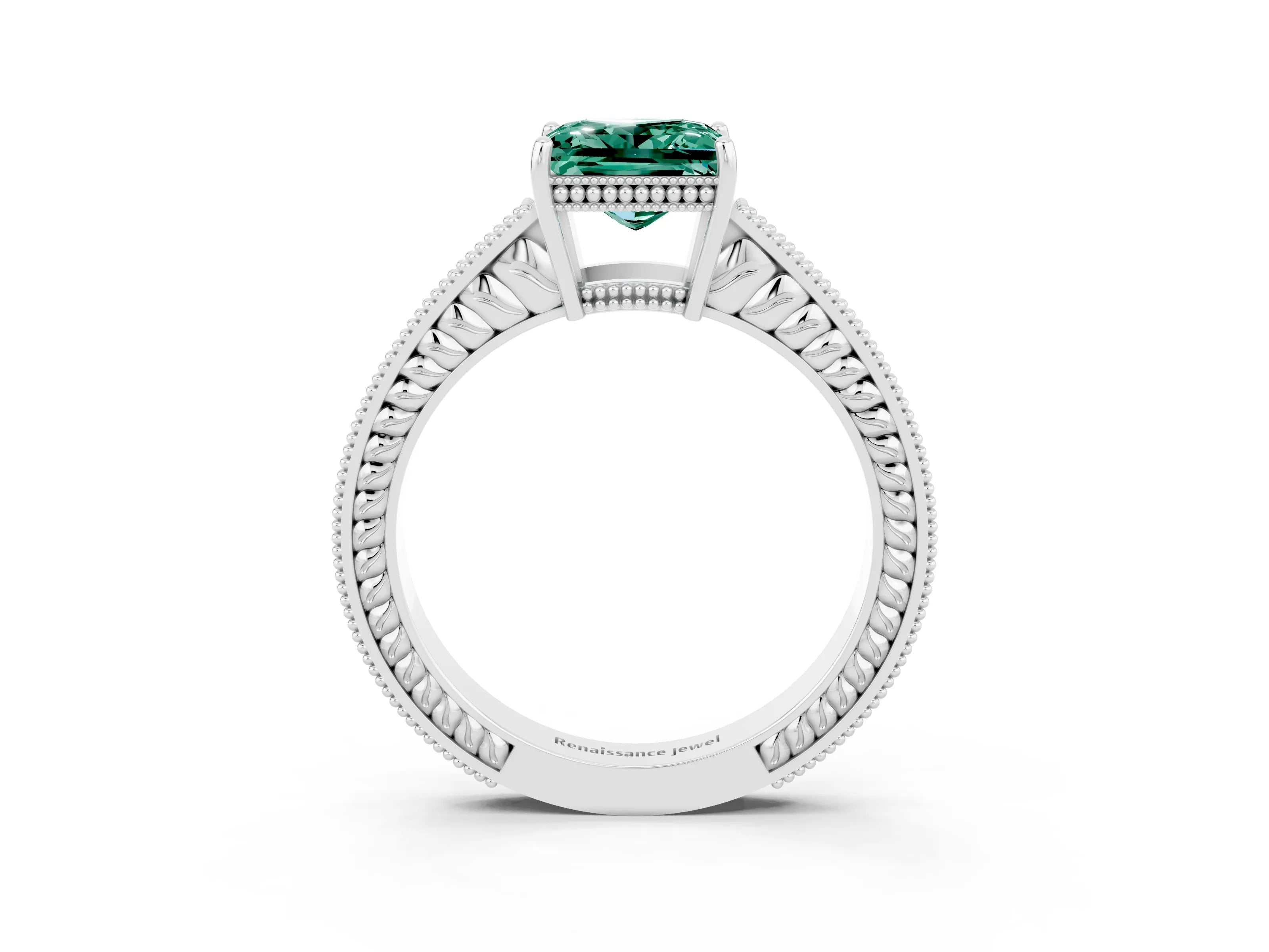 White gold Princess Cut Green Sapphire Engagement Ring with Milgrain Channel Set Band and Prong Setting_3