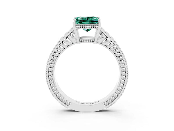 White gold Princess Cut Green Sapphire Engagement Ring with Milgrain Channel Set Band and Prong Setting