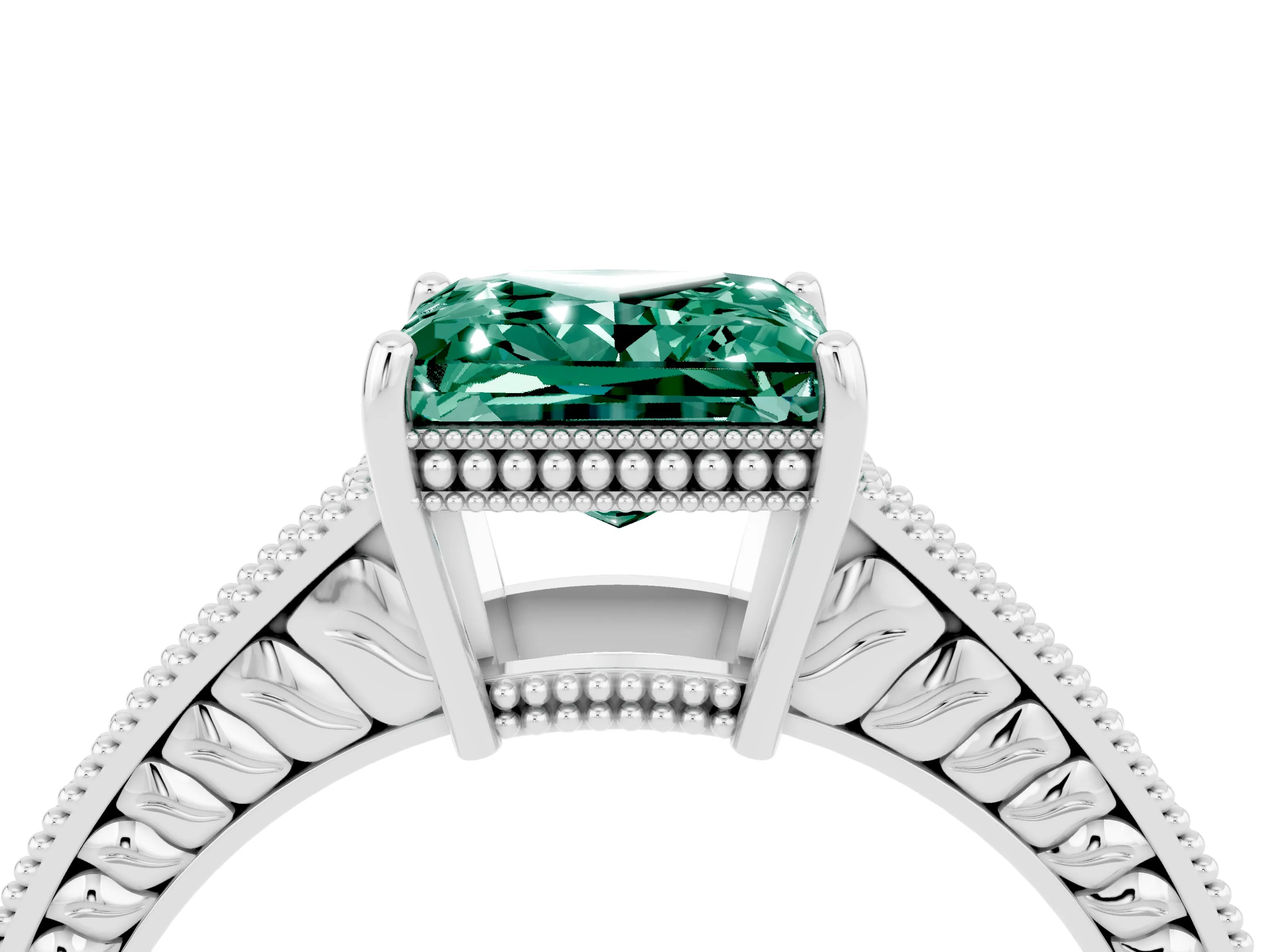 White gold Princess Cut Green Sapphire Engagement Ring with Milgrain Channel Set Band and Prong Setting_4