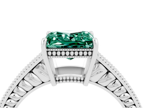 White gold Princess Cut Green Sapphire Engagement Ring with Milgrain Channel Set Band and Prong Setting_4