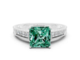 White gold Princess Cut Green Sapphire Engagement Ring with Milgrain Channel Set Band and Prong Setting
