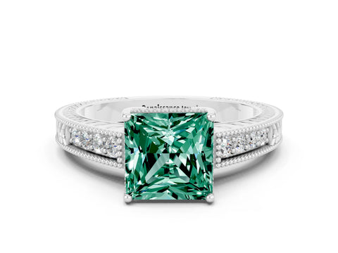 White gold Princess Cut Green Sapphire Engagement Ring with Milgrain Channel Set Band and Prong Setting