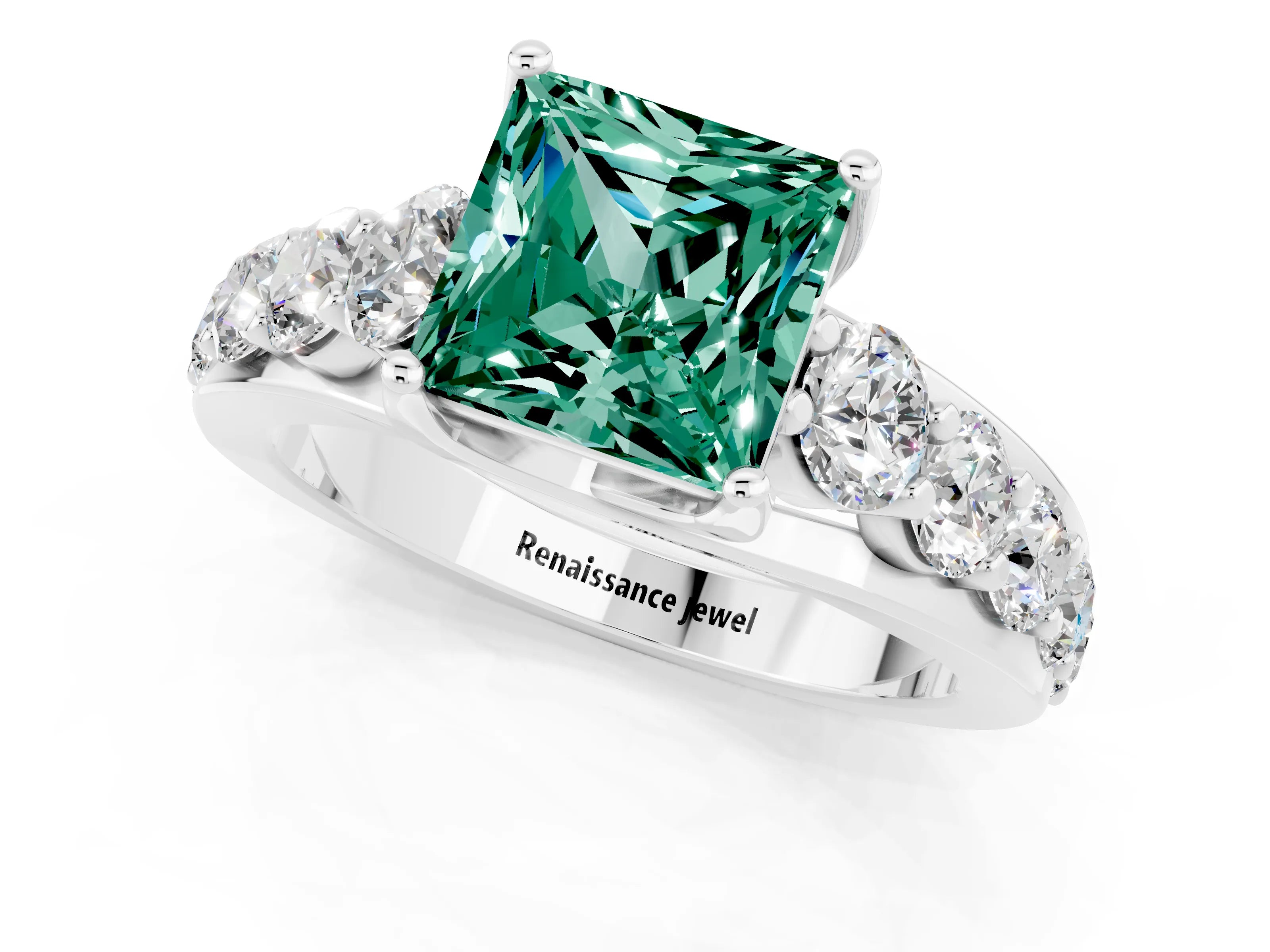 White gold Princess Cut Green Sapphire Engagement Ring with Pavé Band and Four-Prong Setting_1