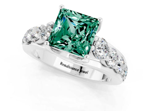 White gold Princess Cut Green Sapphire Engagement Ring with Pavé Band and Four-Prong Setting_1