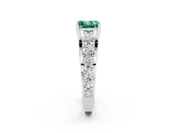 White gold Princess Cut Green Sapphire Engagement Ring with Pavé Band and Four-Prong Setting