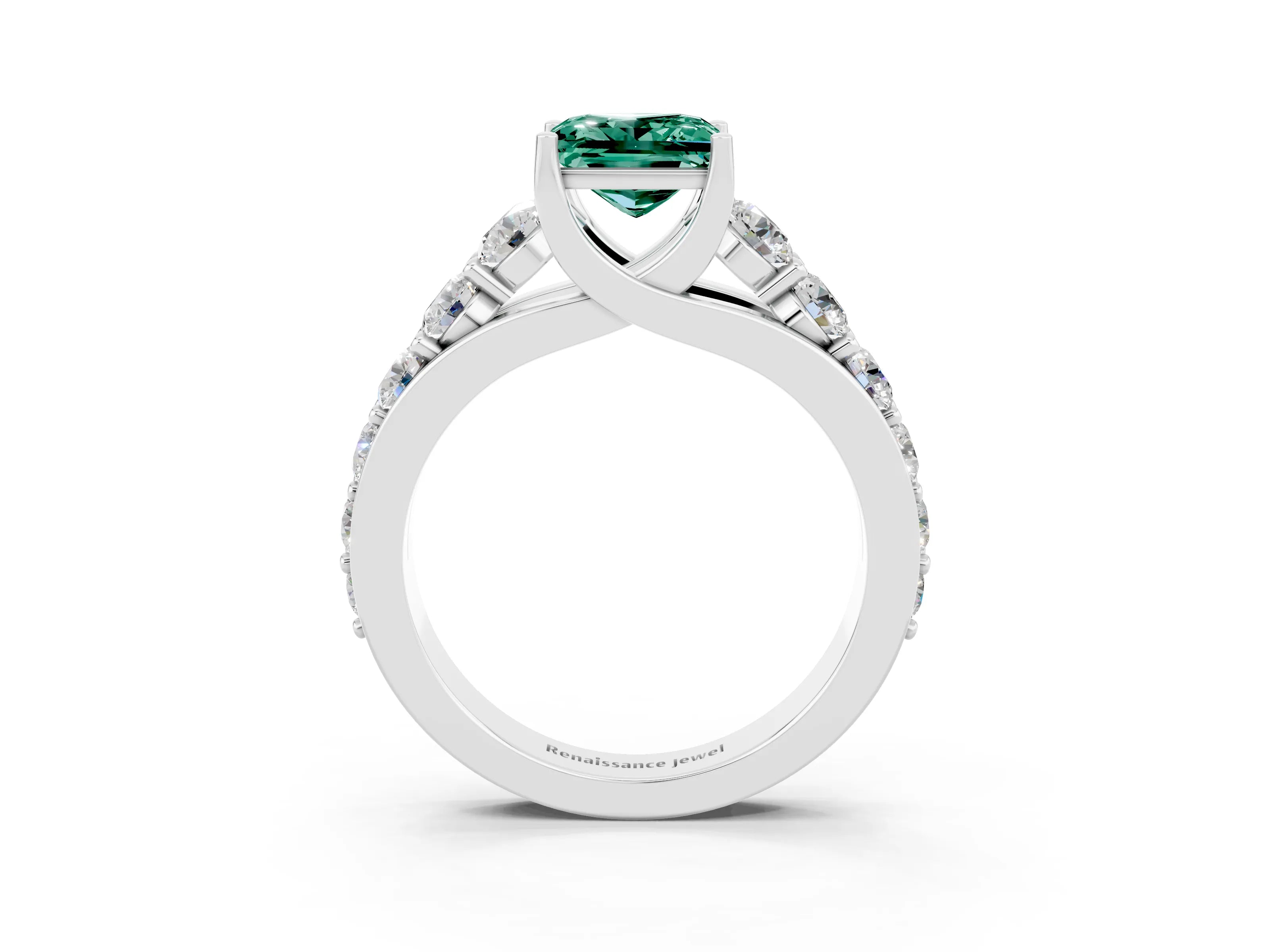 White gold Princess Cut Green Sapphire Engagement Ring with Pavé Band and Four-Prong Setting_3