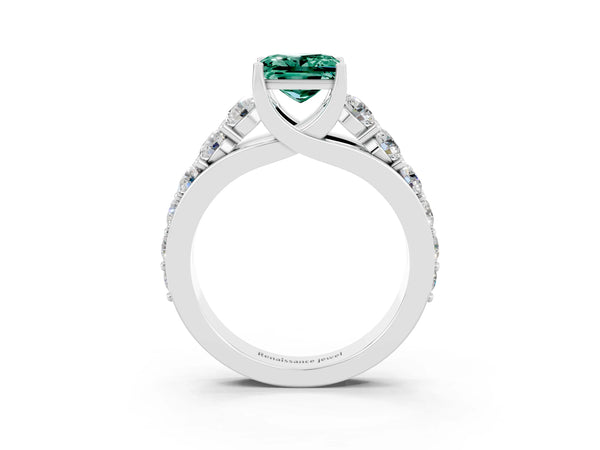 Platinum Princess Cut Green Sapphire Engagement Ring with Pavé Band and Four-Prong Setting