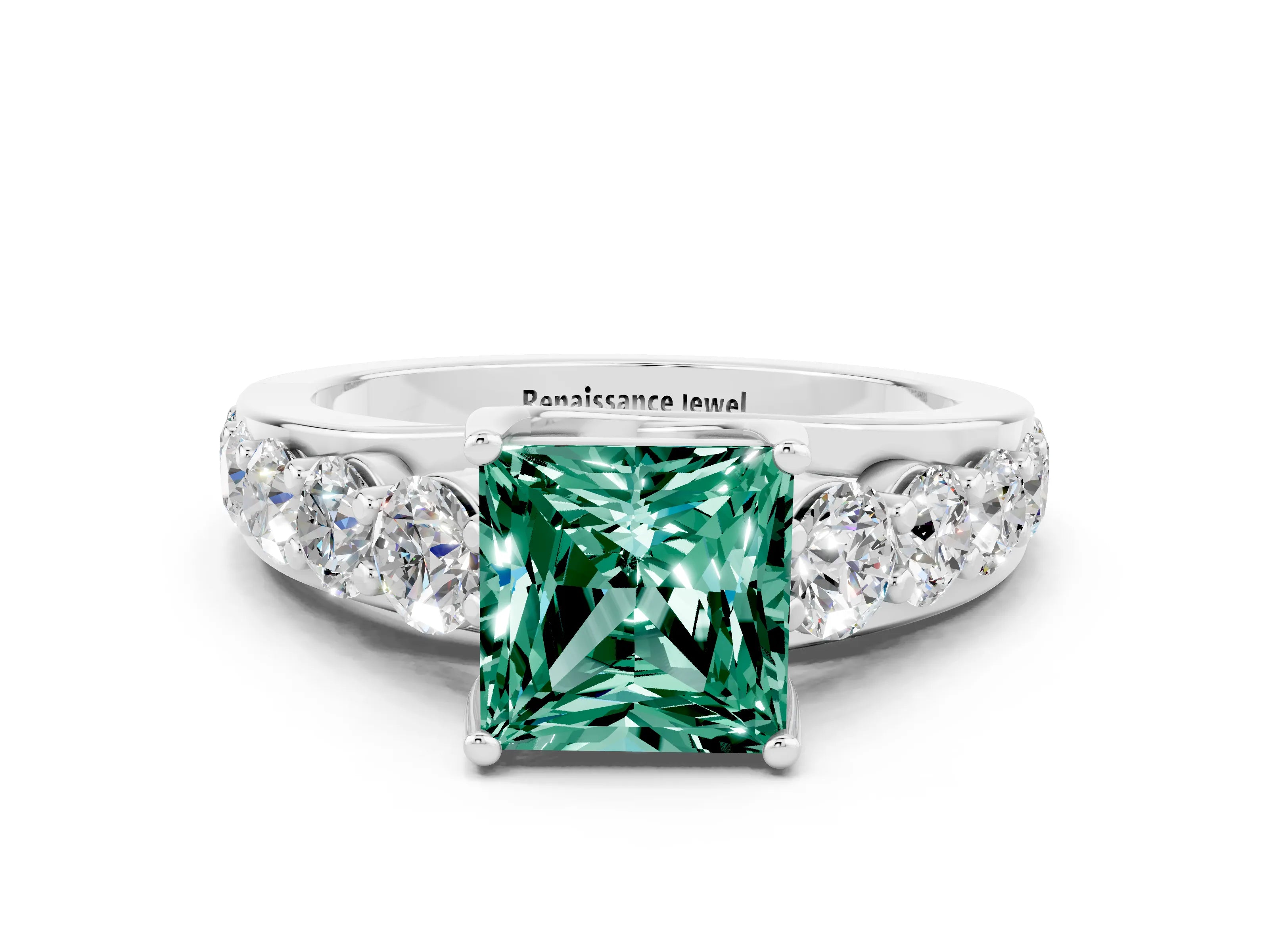 White gold Princess Cut Green Sapphire Engagement Ring with Pavé Band and Four-Prong Setting