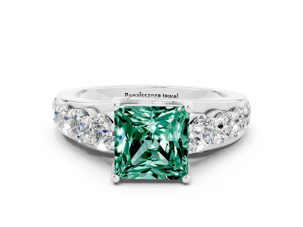White gold Princess Cut Green Sapphire Engagement Ring with Pavé Band and Four-Prong Setting