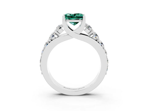White gold Princess Cut Green Sapphire Engagement Ring with Pavé Band and Four-Prong Setting_3
