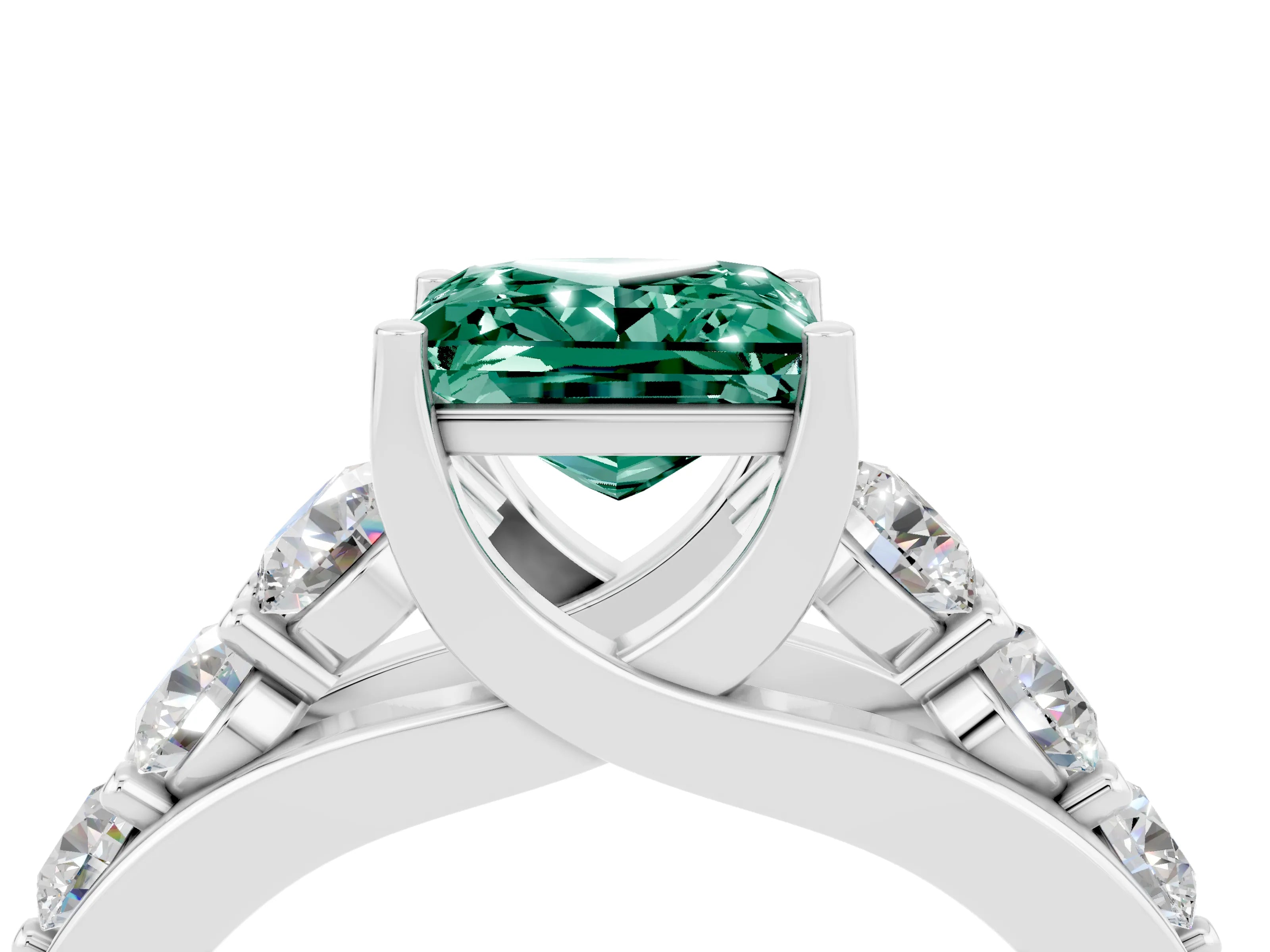 White gold Princess Cut Green Sapphire Engagement Ring with Pavé Band and Four-Prong Setting_4