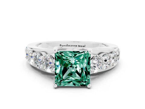 White gold Princess Cut Green Sapphire Engagement Ring with Pavé Band and Four-Prong Setting