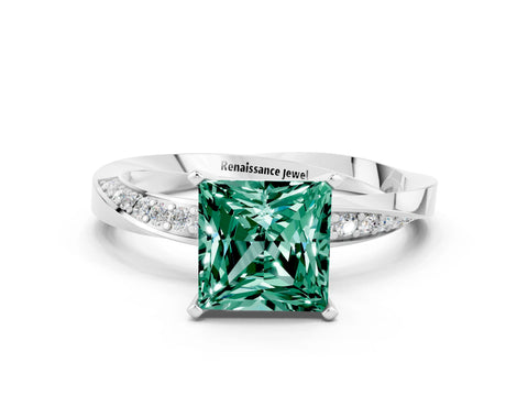 White gold Princess Cut Green Sapphire Engagement Ring with Side Stone Accents and Four-Prong Setting_27
