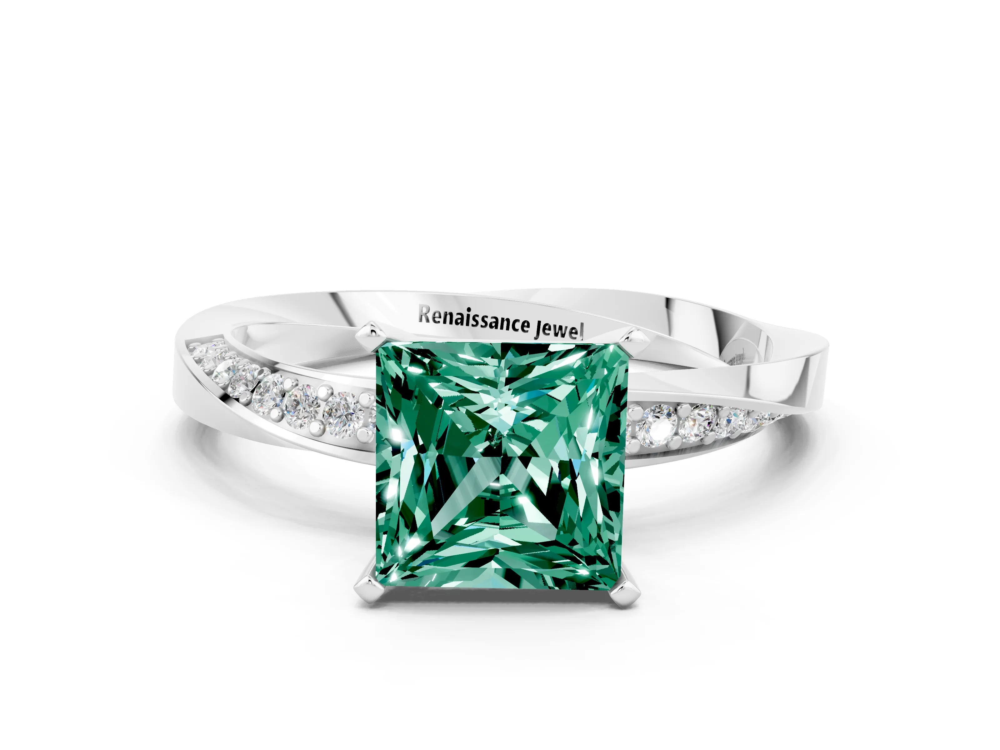 White gold Princess Cut Green Sapphire Engagement Ring with Side Stone Accents and Four-Prong Setting_27