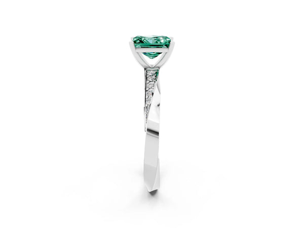 Platinum Princess Cut Green Sapphire Engagement Ring with Side Stone Accents and Four-Prong Setting