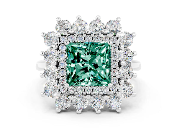 White gold Princess Cut Green Sapphire Floral Double Halo Engagement Ring with Prong Setting