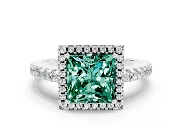 Platinum Princess Cut Green Sapphire Halo Engagement Ring with Pavé Band and Prong Setting