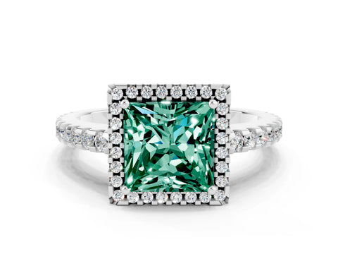 White gold Princess Cut Green Sapphire Halo Engagement Ring with Pavé Band and Prong Setting_12