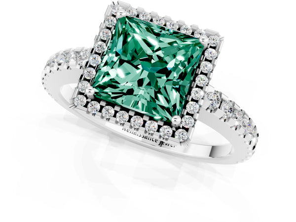 Silver Princess Cut Green Sapphire Halo Engagement Ring with Pavé Band and Prong Setting