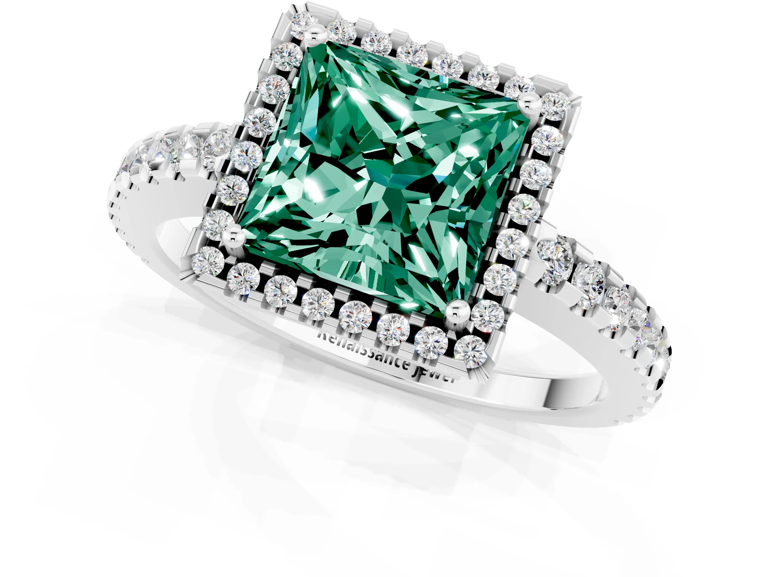White gold Princess Cut Green Sapphire Halo Engagement Ring with Pavé Band and Prong Setting_13