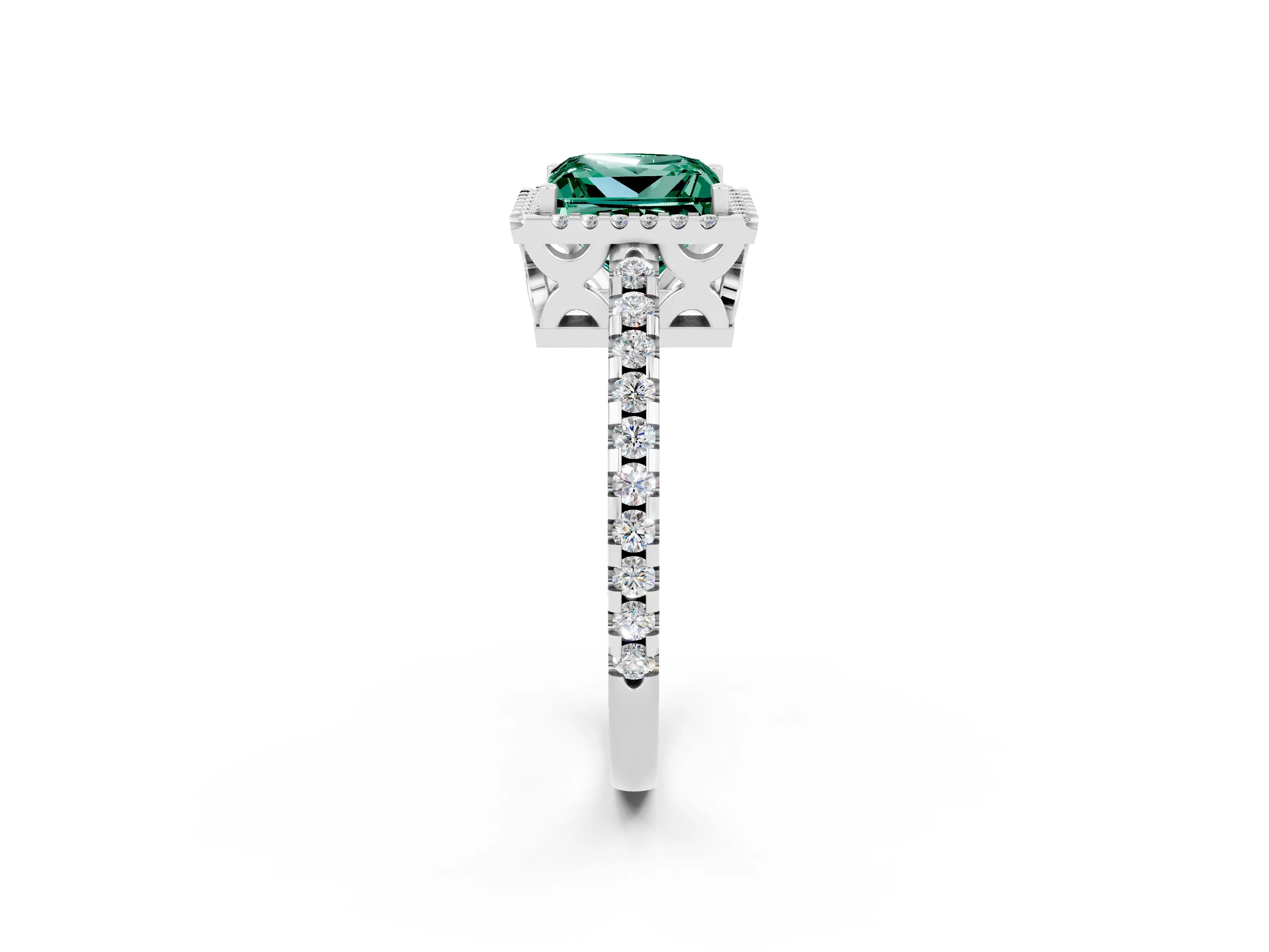 White gold Princess Cut Green Sapphire Halo Engagement Ring with Pavé Band and Prong Setting_14