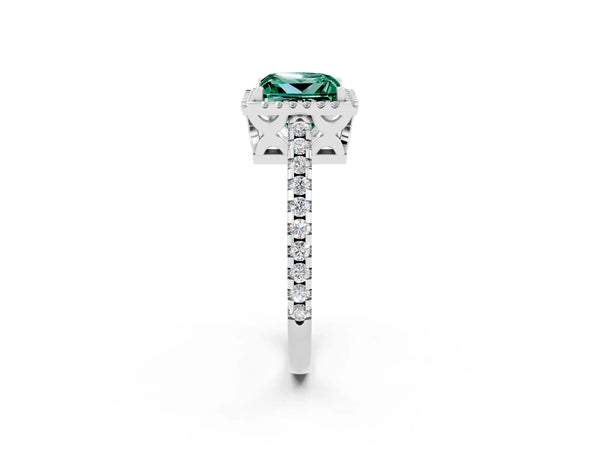 White gold Princess Cut Green Sapphire Halo Engagement Ring with Pavé Band and Prong Setting