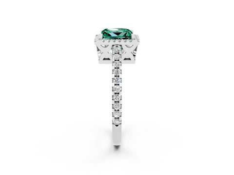 White gold Princess Cut Green Sapphire Halo Engagement Ring with Pavé Band and Prong Setting_14
