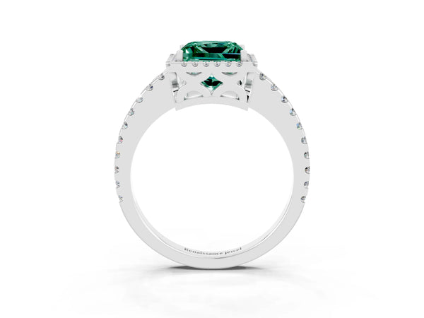 White gold Princess Cut Green Sapphire Halo Engagement Ring with Pavé Band and Prong Setting