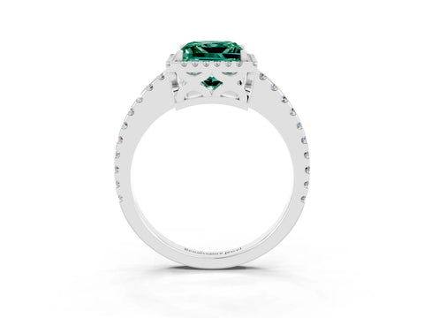 White gold Princess Cut Green Sapphire Halo Engagement Ring with Pavé Band and Prong Setting_15