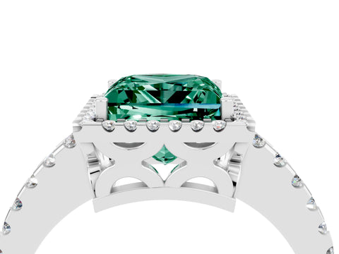 White gold Princess Cut Green Sapphire Halo Engagement Ring with Pavé Band and Prong Setting_16