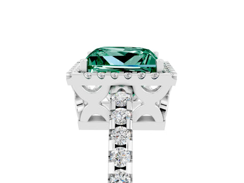 White gold Princess Cut Green Sapphire Halo Engagement Ring with Pavé Band and Prong Setting_17