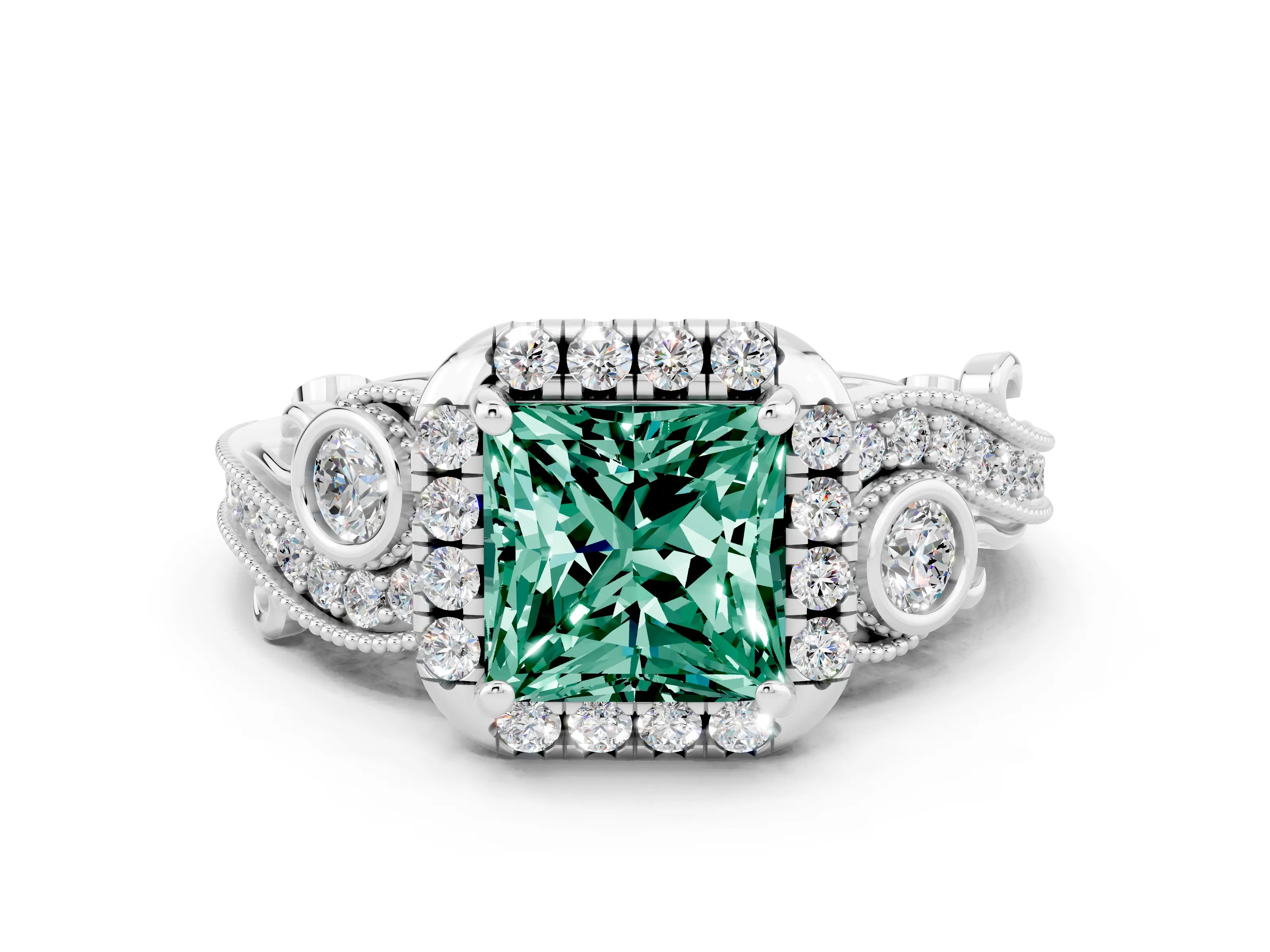 White gold Princess Cut Green Sapphire Halo Ring with Milgrain Pavé Band and Four-Prong Setting_12