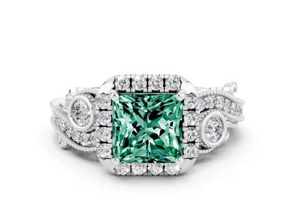 White gold Princess Cut Green Sapphire Halo Ring with Milgrain Pavé Band and Four-Prong Setting