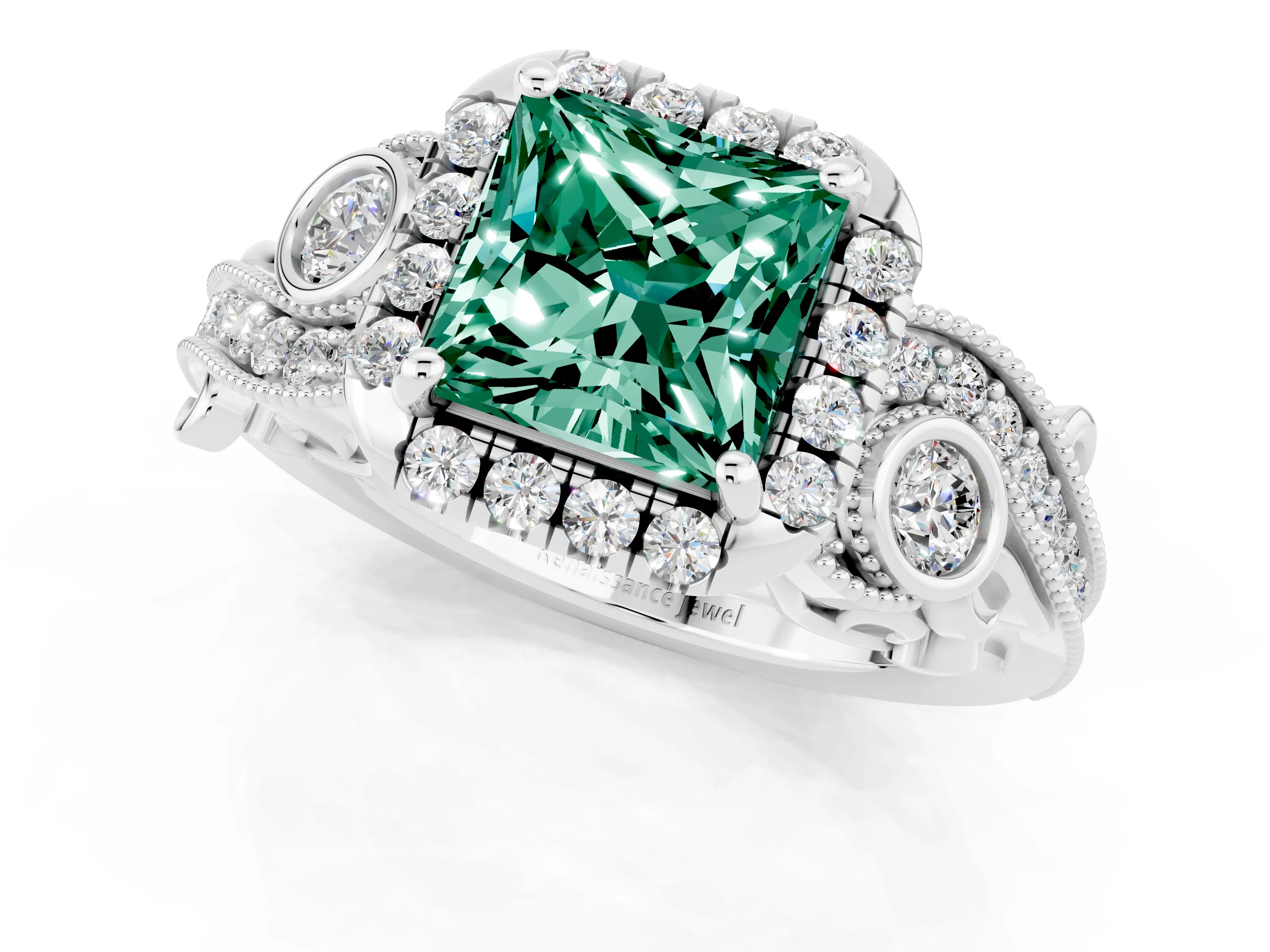 White gold Princess Cut Green Sapphire Halo Ring with Milgrain Pavé Band and Four-Prong Setting_13