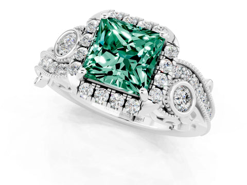 White gold Princess Cut Green Sapphire Halo Ring with Milgrain Pavé Band and Four-Prong Setting_13