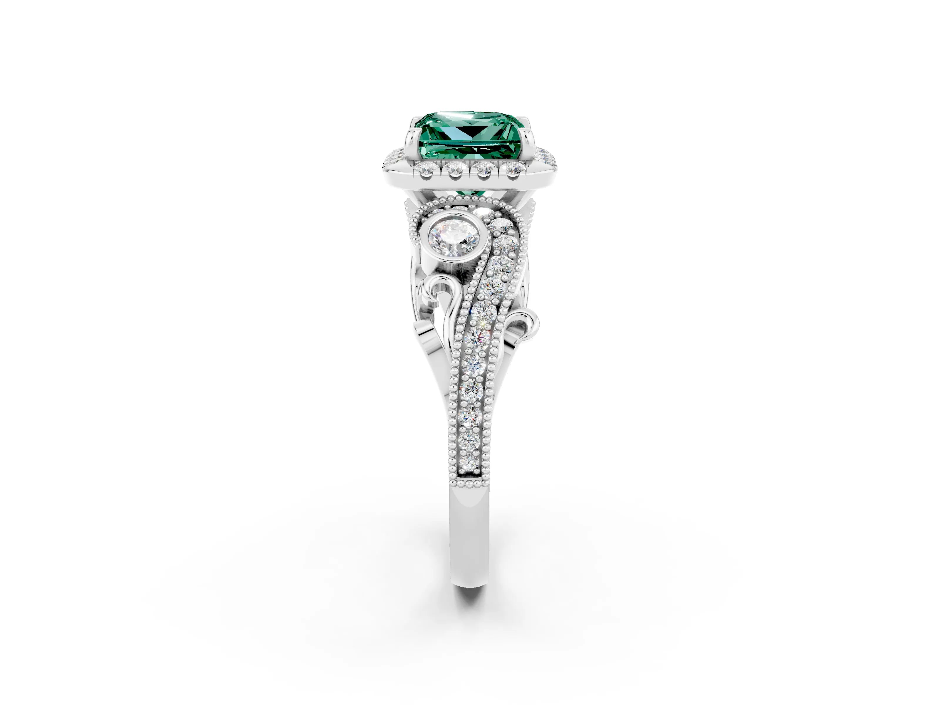White gold Princess Cut Green Sapphire Halo Ring with Milgrain Pavé Band and Four-Prong Setting_14