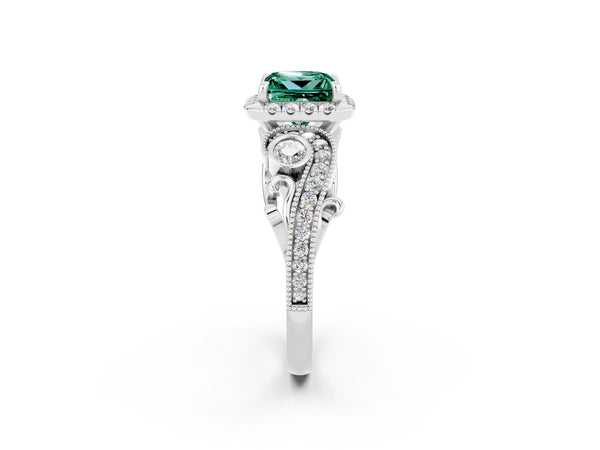 Platinum Princess Cut Green Sapphire Halo Ring with Milgrain Pavé Band and Four-Prong Setting