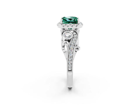 White gold Princess Cut Green Sapphire Halo Ring with Milgrain Pavé Band and Four-Prong Setting_14