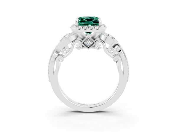 White gold Princess Cut Green Sapphire Halo Ring with Milgrain Pavé Band and Four-Prong Setting