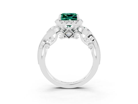 White gold Princess Cut Green Sapphire Halo Ring with Milgrain Pavé Band and Four-Prong Setting_15