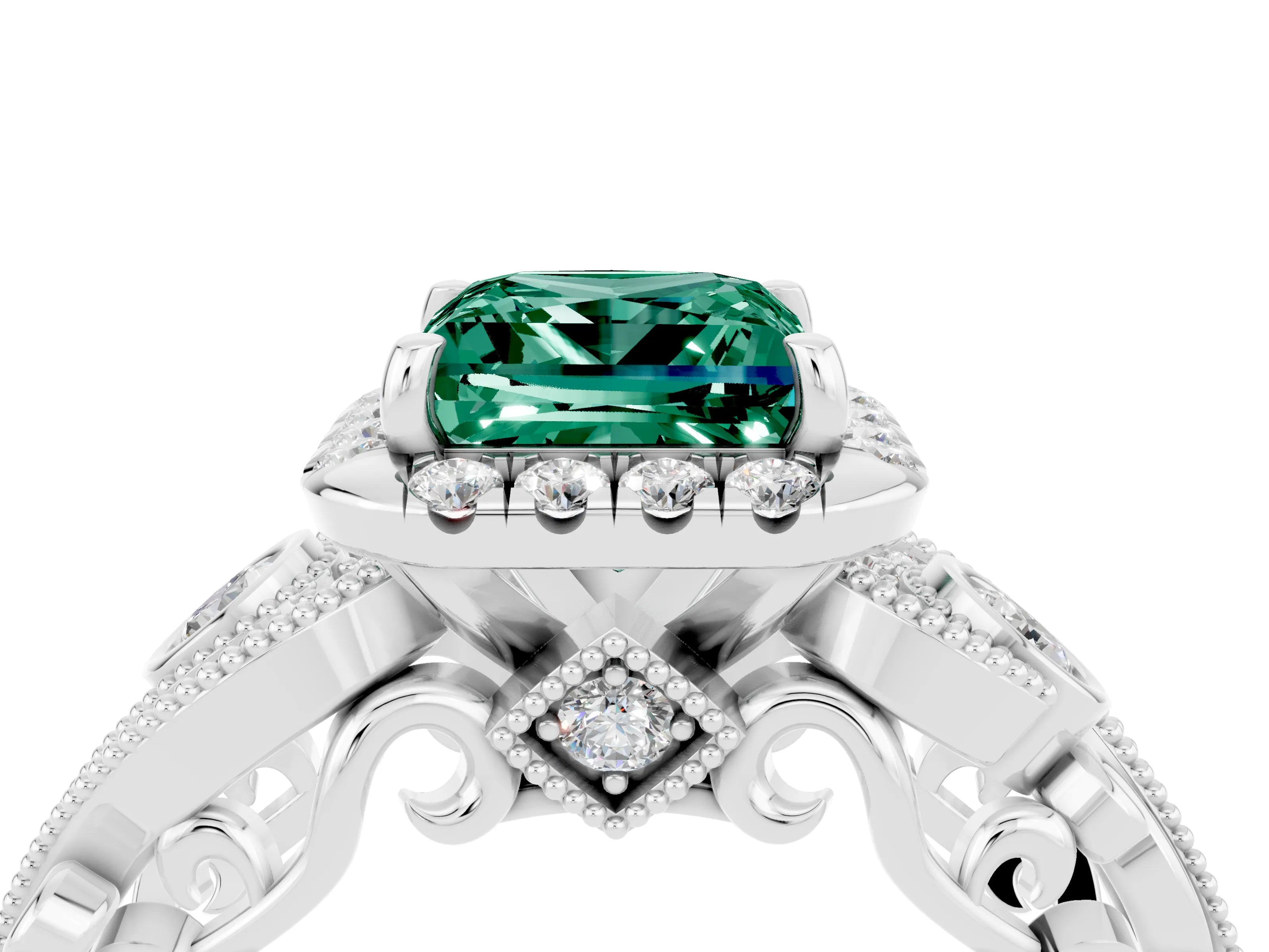 White gold Princess Cut Green Sapphire Halo Ring with Milgrain Pavé Band and Four-Prong Setting_16