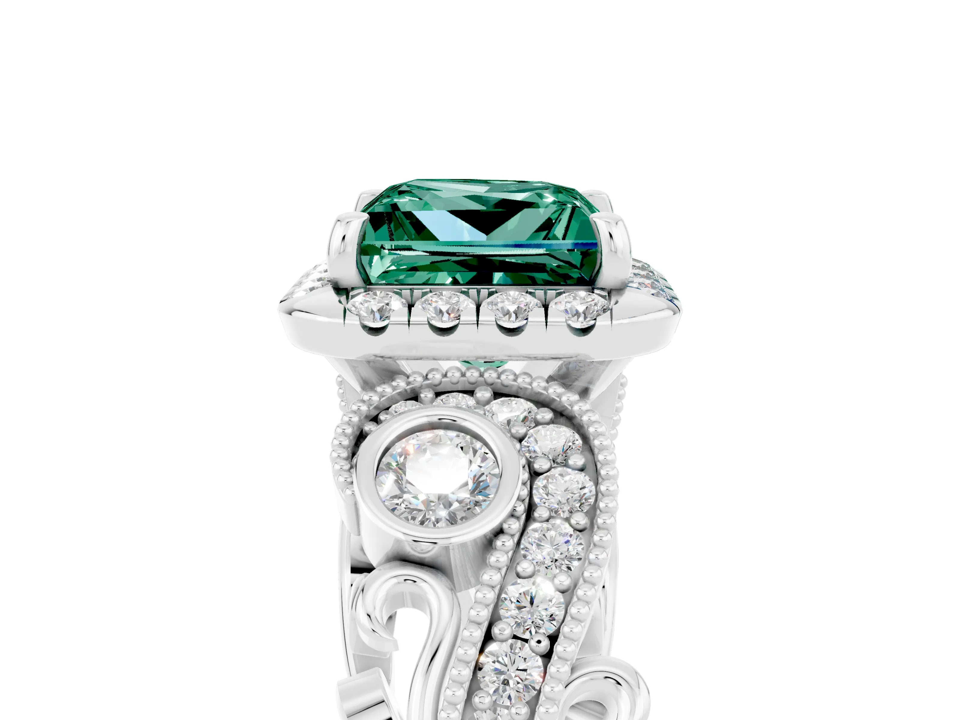White gold Princess Cut Green Sapphire Halo Ring with Milgrain Pavé Band and Four-Prong Setting_17