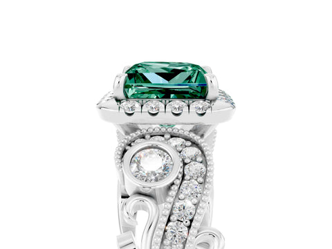 White gold Princess Cut Green Sapphire Halo Ring with Milgrain Pavé Band and Four-Prong Setting_17