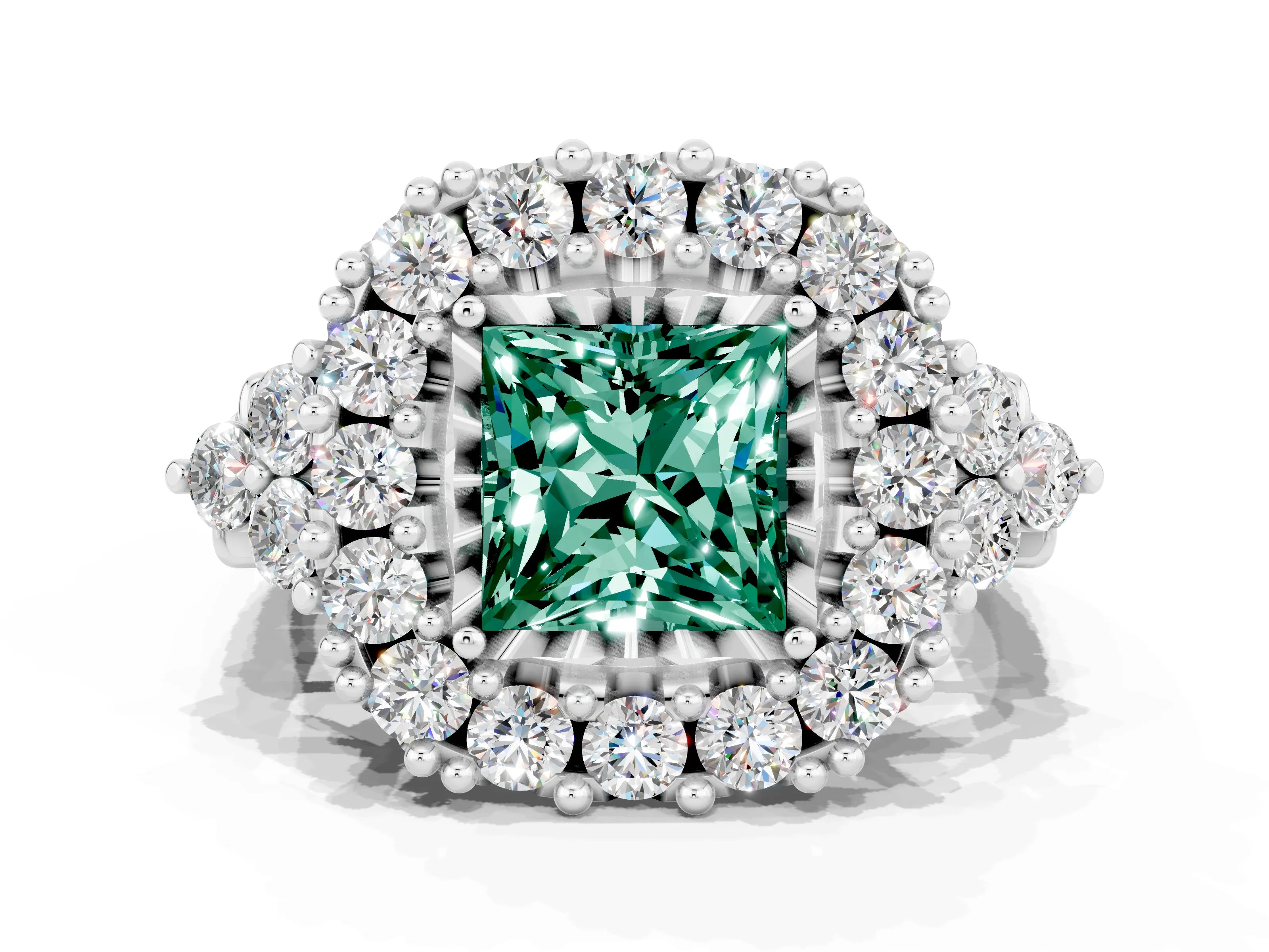 White gold Princess Cut Green Sapphire Halo Ring with Pavé Band and Four-Prong Setting_12