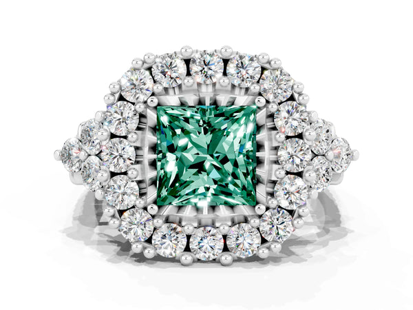 Platinum Princess Cut Green Sapphire Halo Ring with Pavé Band and Four-Prong Setting