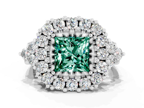 White gold Princess Cut Green Sapphire Halo Ring with Pavé Band and Four-Prong Setting_12