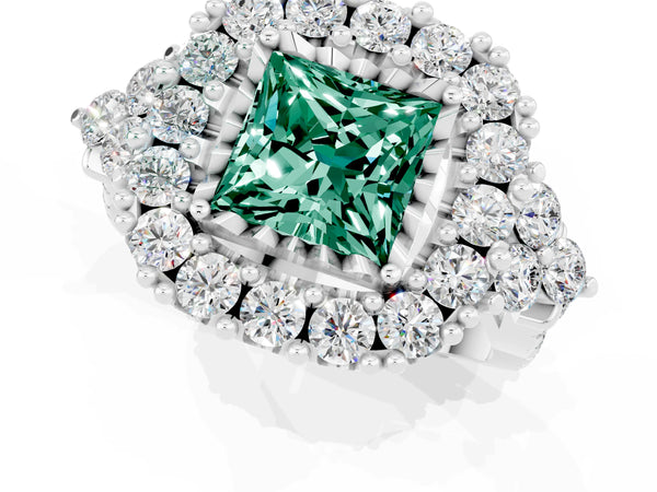 Silver Princess Cut Green Sapphire Halo Ring with Pavé Band and Four-Prong Setting